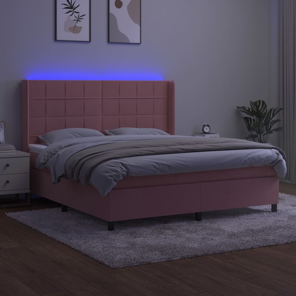 Krevet box spring s madracem LED ružičasti 160x200cm baršunasti