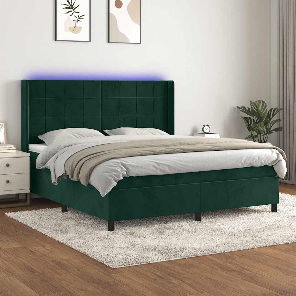 Krevet box spring s madracem LED tamnozeleni 180x200 cm baršun