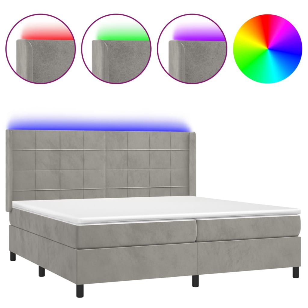 Krevet box spring s madracem LED svjetlosivi 200x200 cm baršun