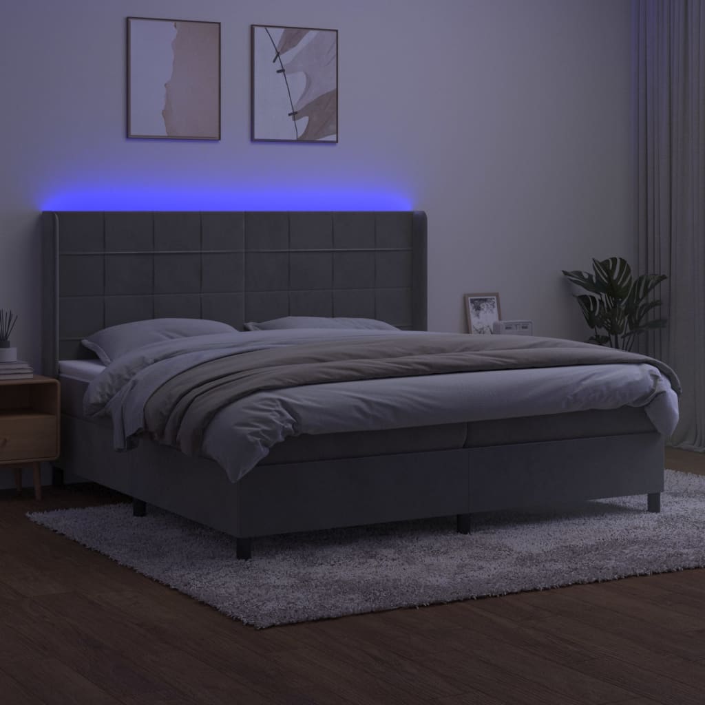 Krevet box spring s madracem LED svjetlosivi 200x200 cm baršun