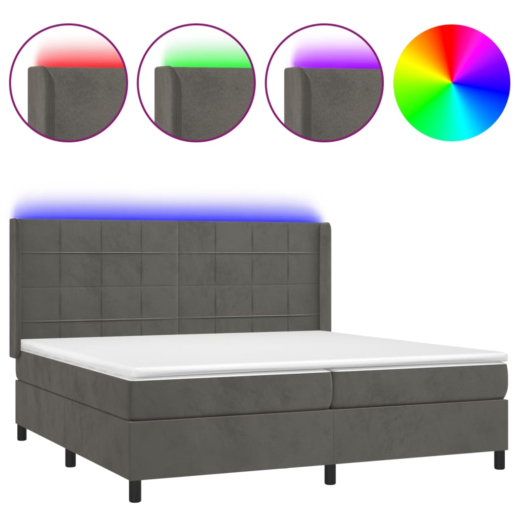 Krevet box spring s madracem LED tamnosivi 200x200 cm baršun