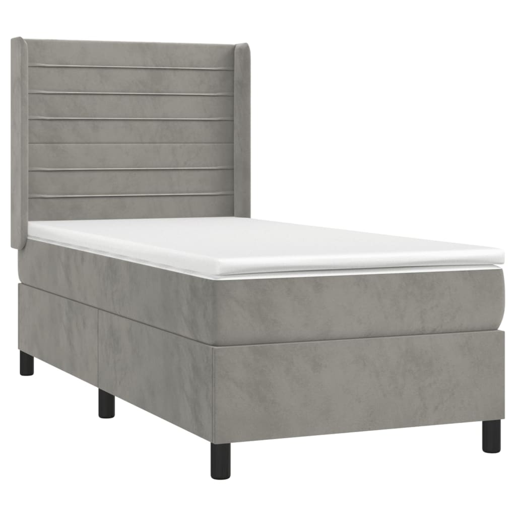 Krevet box spring s madracem LED svjetlosivi 90x190 cm baršun