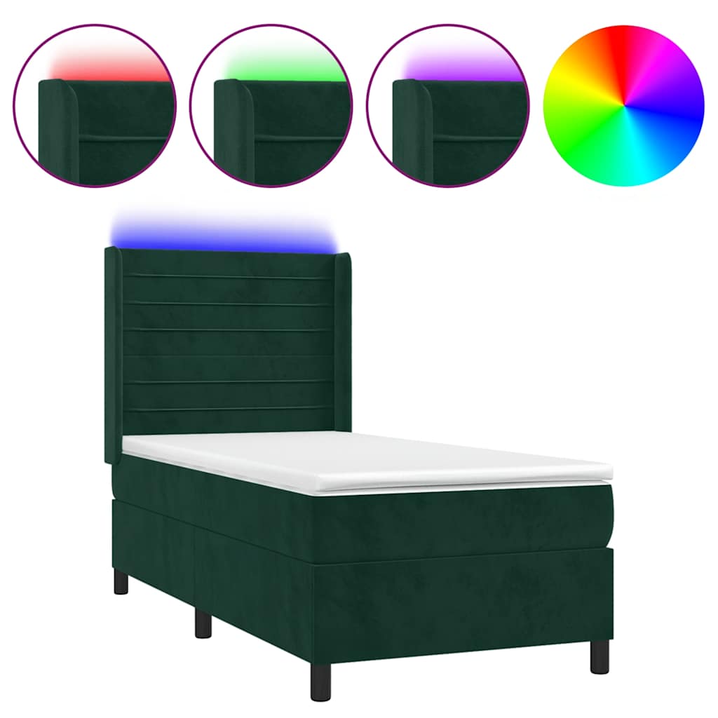 Krevet box spring s madracem LED tamnozeleni 90x190 cm baršun