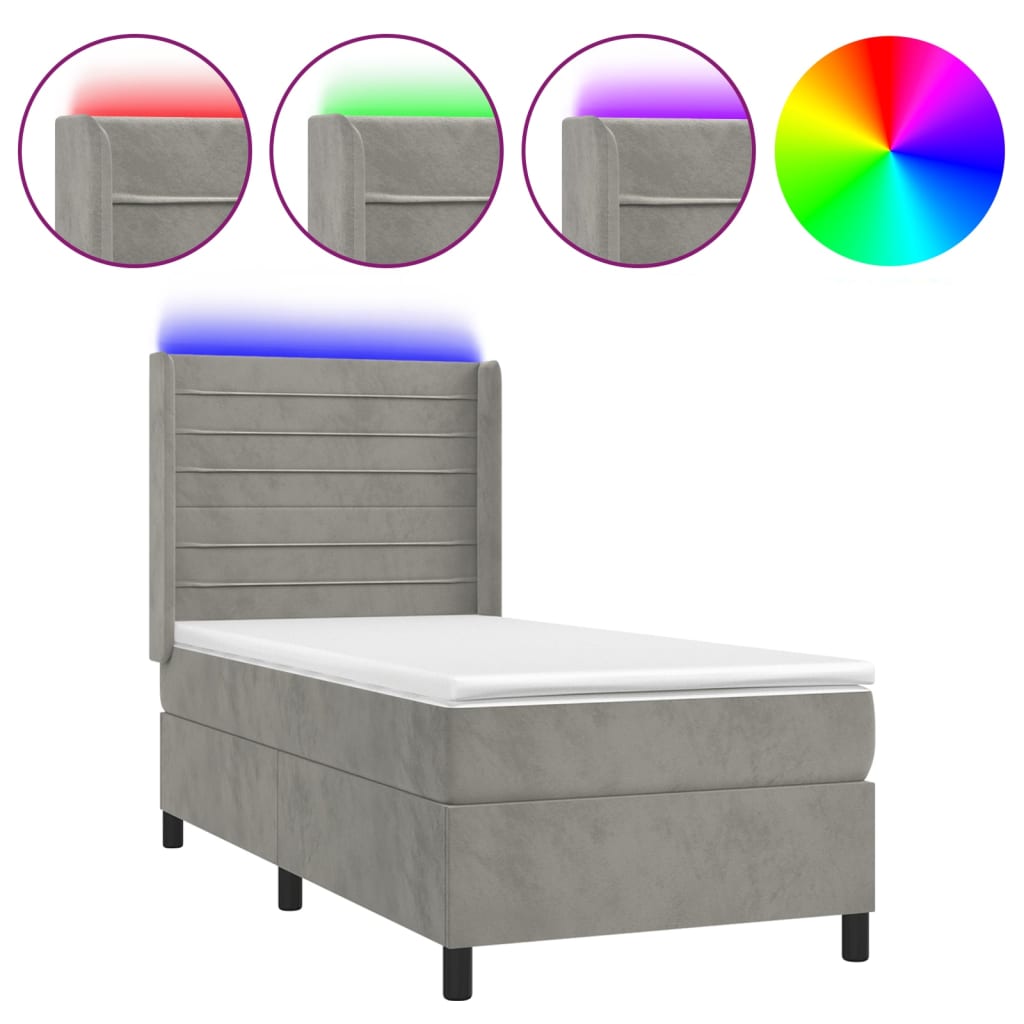 Krevet box spring s madracem LED svjetlosivi 90x200 cm baršun