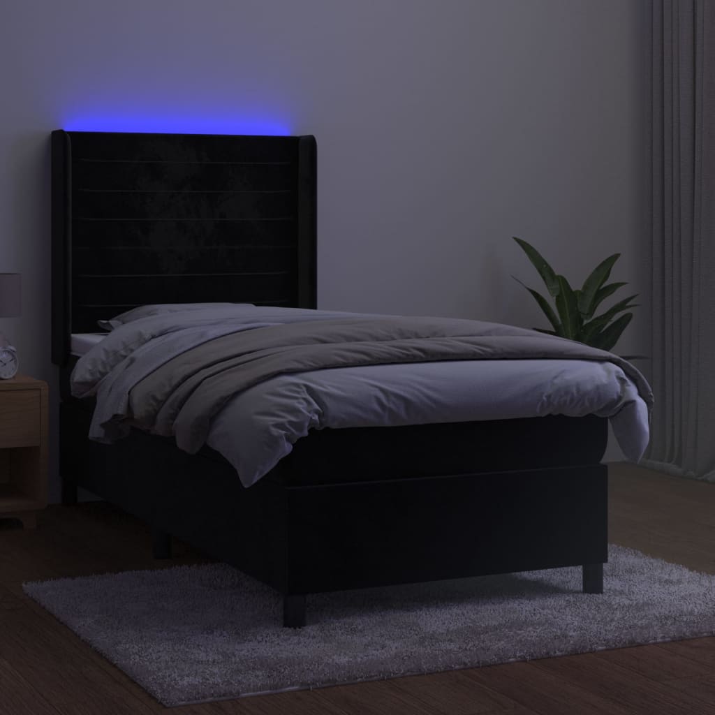Krevet box spring s madracem LED crni 90x200 cm baršun
