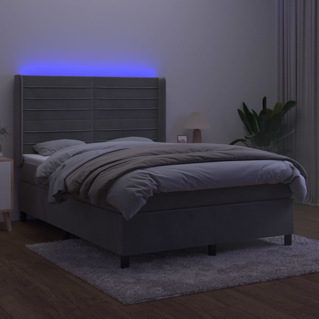 Krevet box spring s madracem LED svjetlosivi 140x190 cm baršun