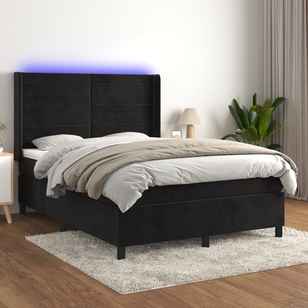 Krevet box spring s madracem LED crni 140x190 cm baršun