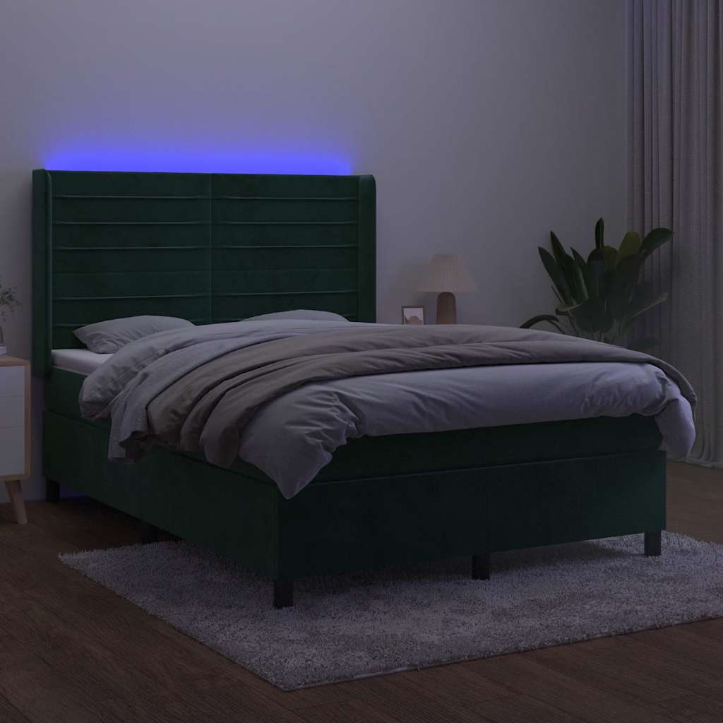 Krevet box spring s madracem LED tamnozeleni 140x200 cm baršun