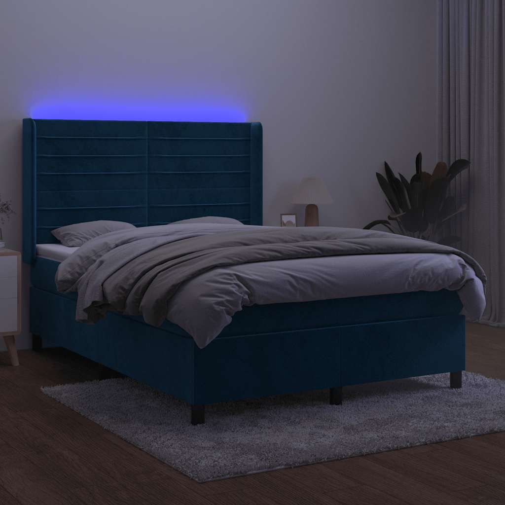 Krevet box spring s madracem LED tamnoplavi 140x200 cm baršun