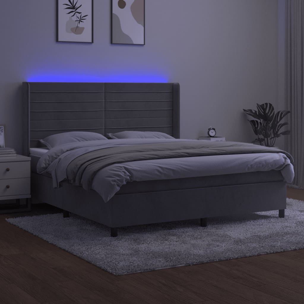 Krevet box spring s madracem LED svjetlosivi 160x200 cm baršun