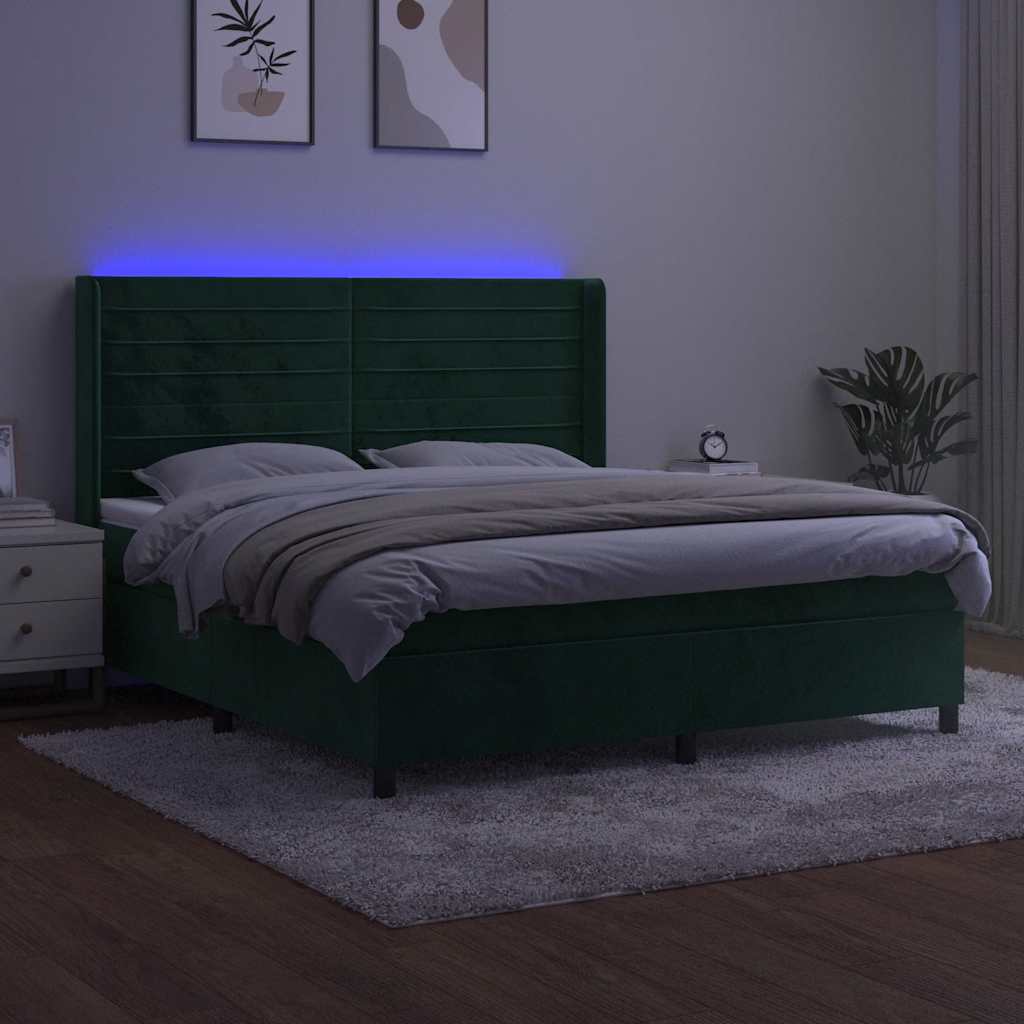Krevet box spring s madracem LED tamnozeleni 160x200 cm baršun