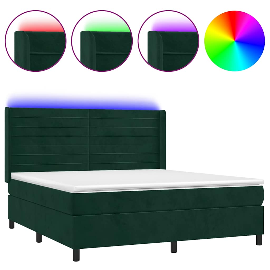 Krevet box spring s madracem LED tamnozeleni 180x200 cm baršun