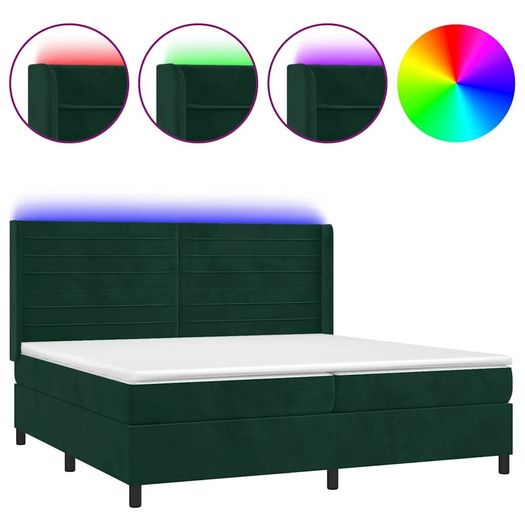 Krevet box spring s madracem LED tamnozeleni 200x200 cm baršun