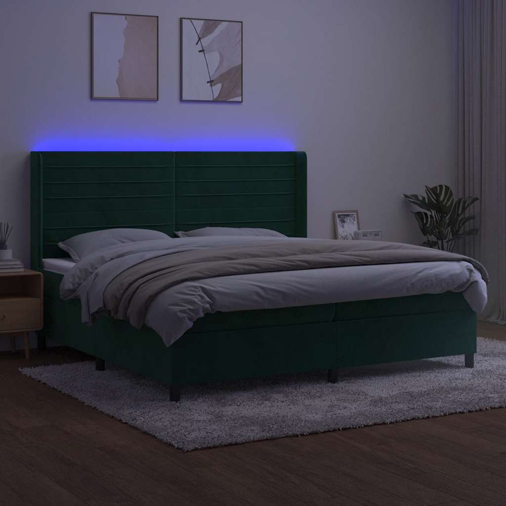 Krevet box spring s madracem LED tamnozeleni 200x200 cm baršun