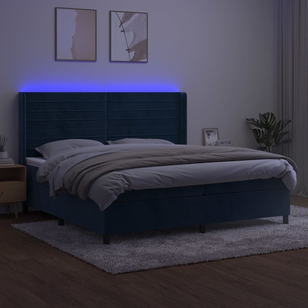 Krevet box spring s madracem LED tamnoplavi 200x200 cm baršun