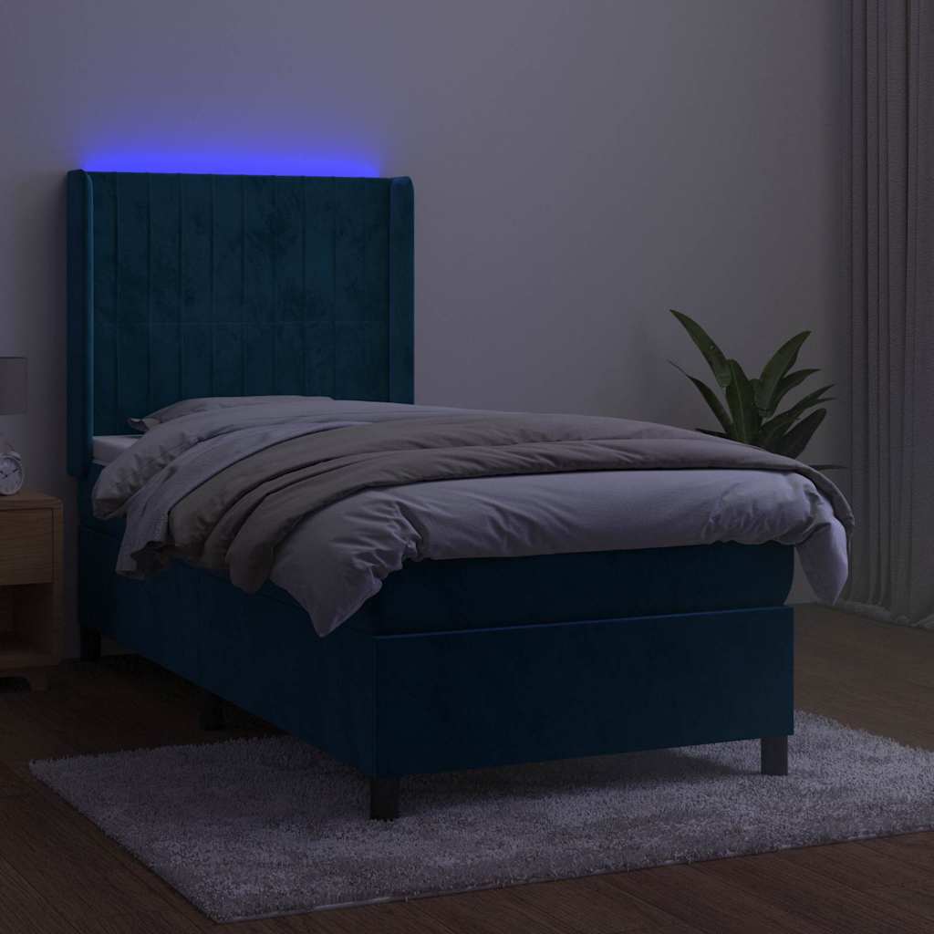 Krevet box spring s madracem LED tamnoplavi 80 x 200 cm baršun