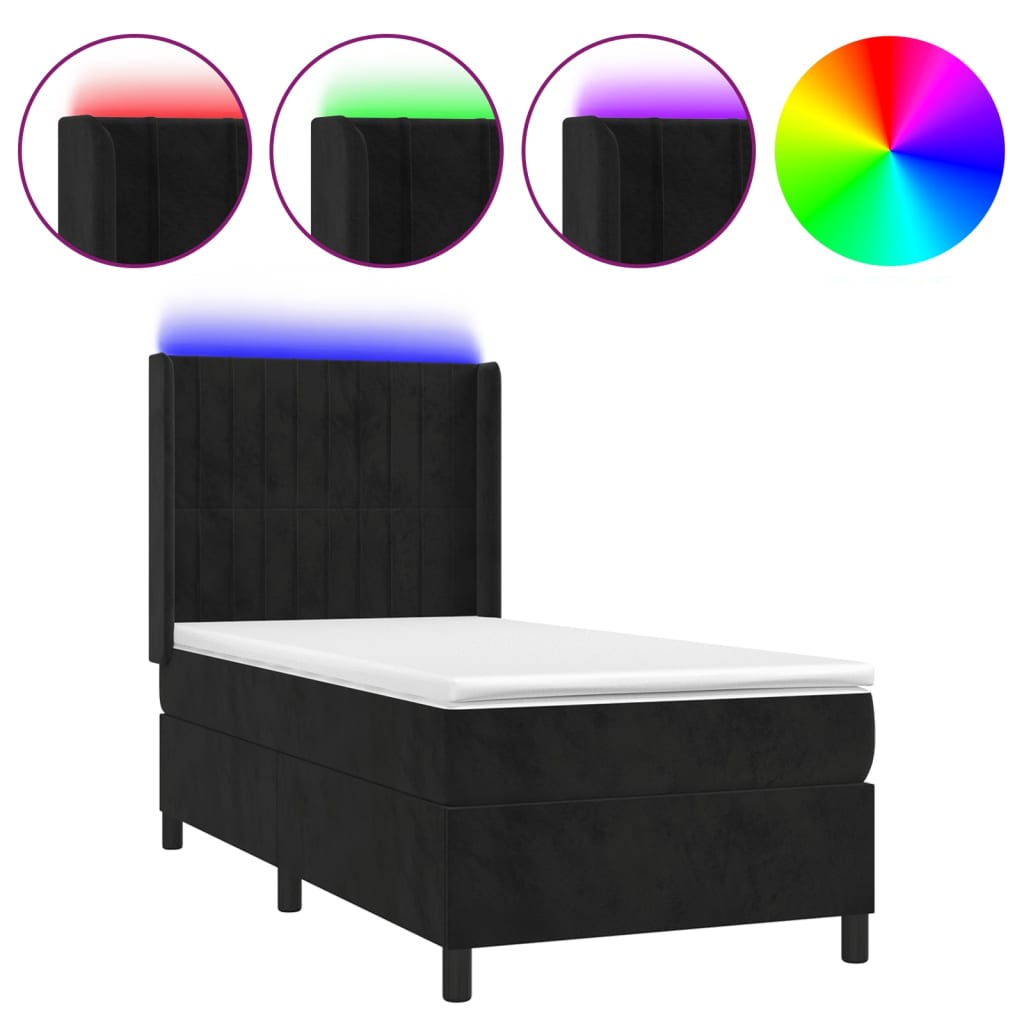 Krevet box spring s madracem LED crni 90x190 cm baršun