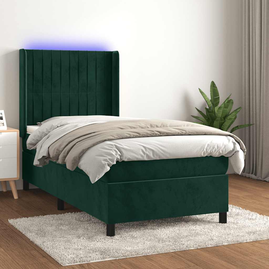 Krevet box spring s madracem LED tamnozeleni 90x190 cm baršun
