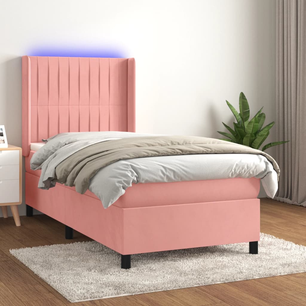 Krevet box spring s madracem LED ružičasti 90x200 cm baršunasti