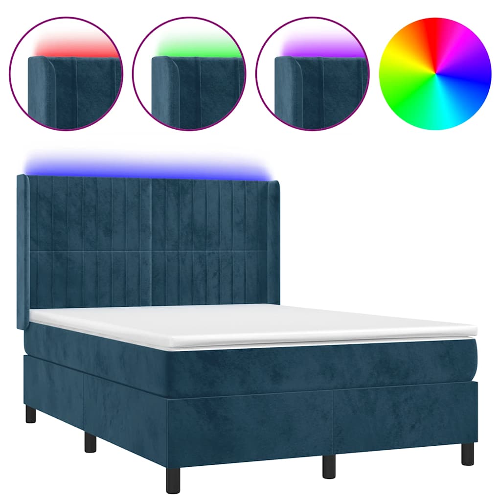 Krevet box spring s madracem LED tamnoplavi 140x190 cm baršun