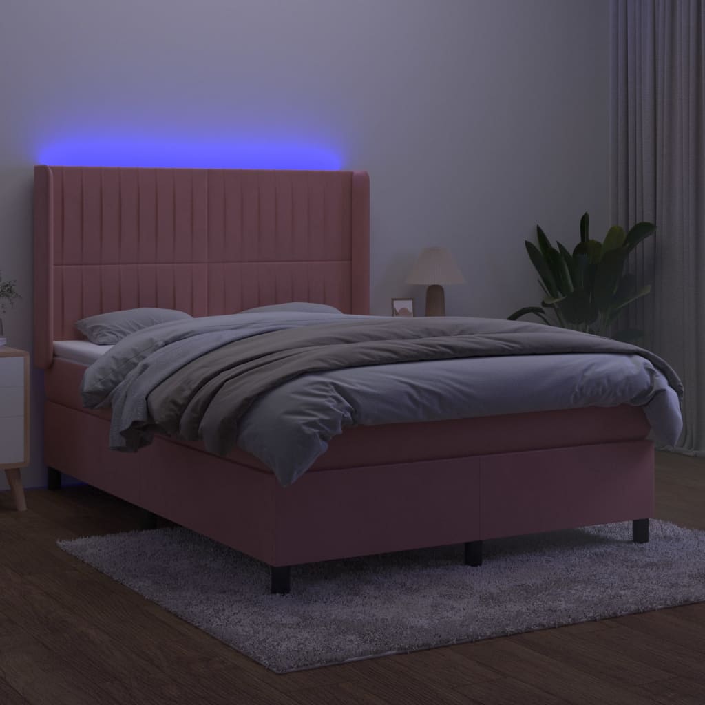 Krevet box spring s madracem LED ružičasti 140x190cm baršunasti