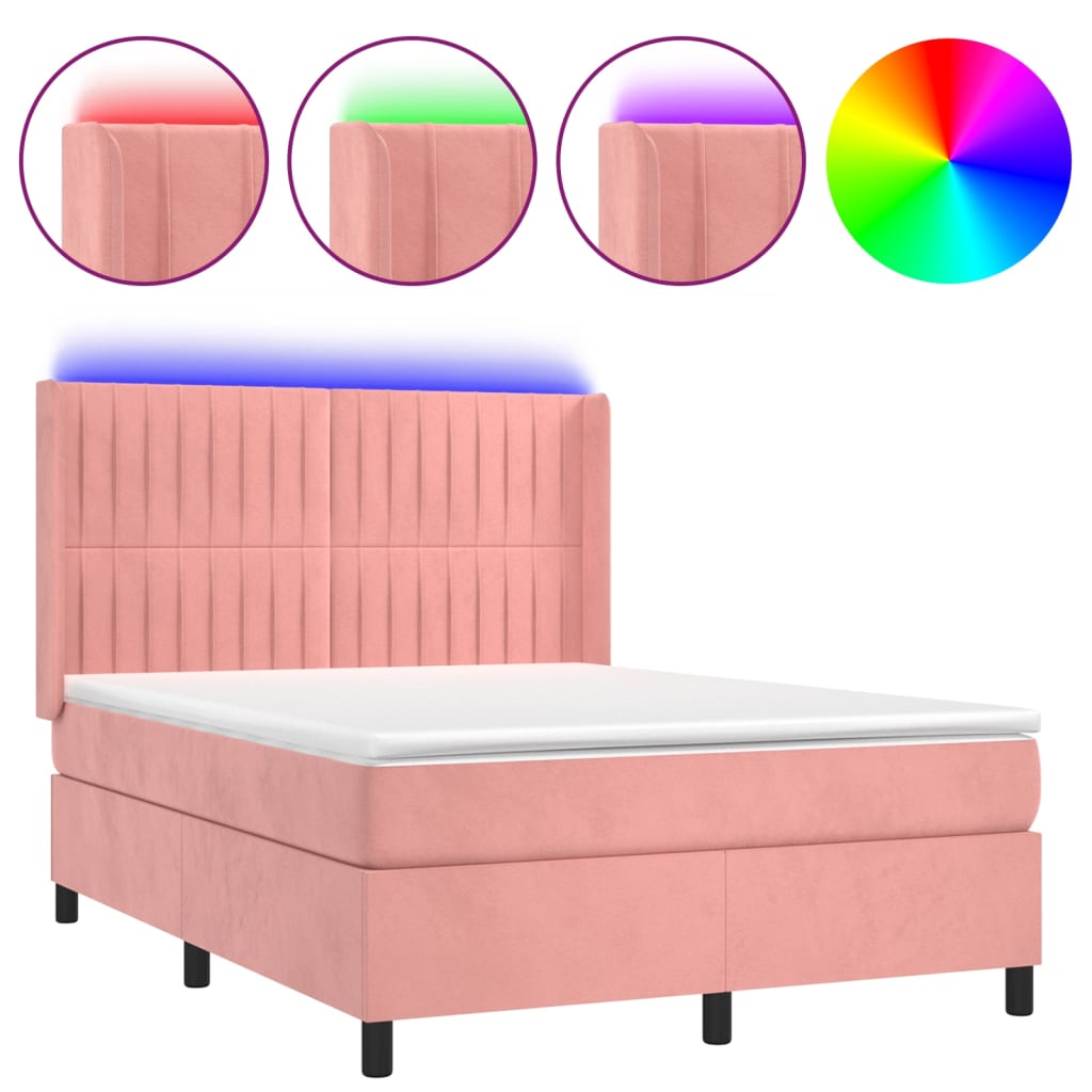 Krevet box spring s madracem LED ružičasti 140x200cm baršunasti