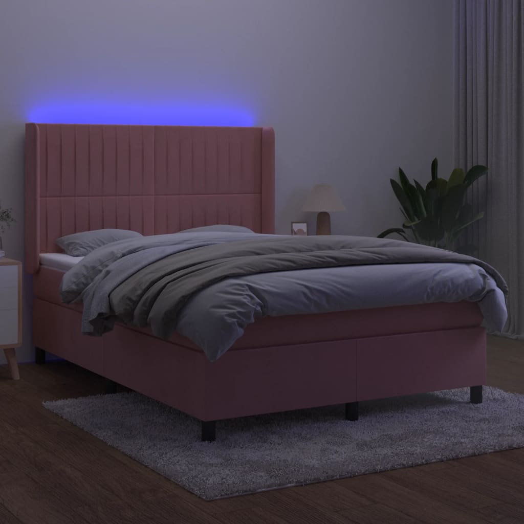 Krevet box spring s madracem LED ružičasti 140x200cm baršunasti