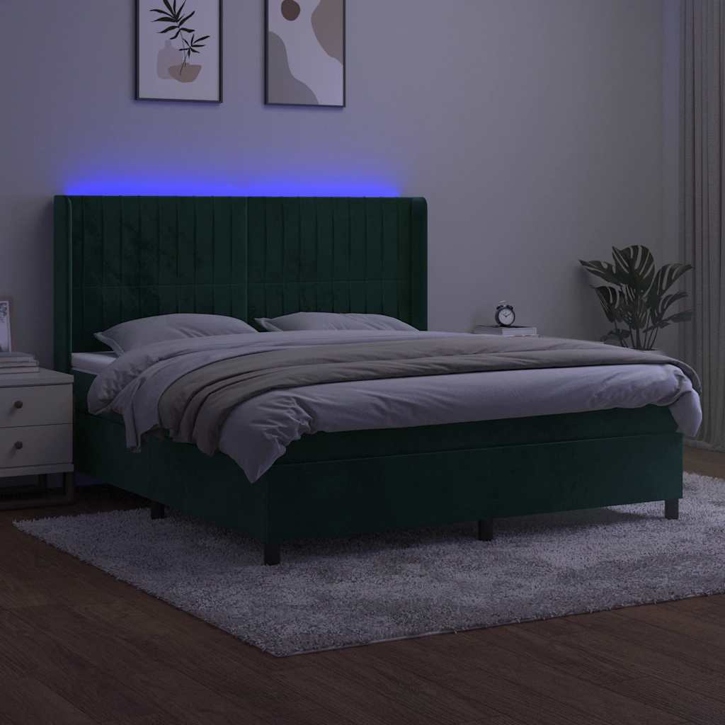 Krevet box spring s madracem LED tamnozeleni 160x200 cm baršun