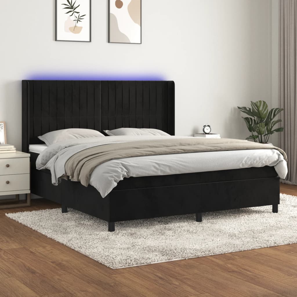 Krevet box spring s madracem LED crni 180x200 cm baršun