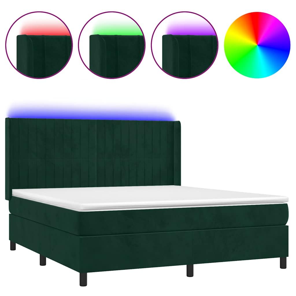 Krevet box spring s madracem LED tamnozeleni 180x200 cm baršun