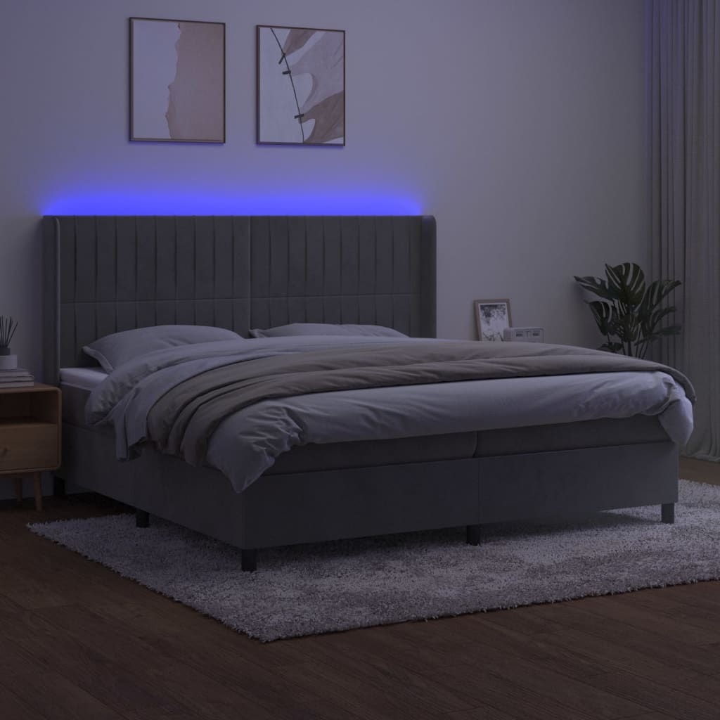 Krevet box spring s madracem LED svjetlosivi 200x200 cm baršun