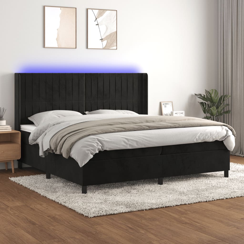 Krevet box spring s madracem LED crni 200x200 cm baršun