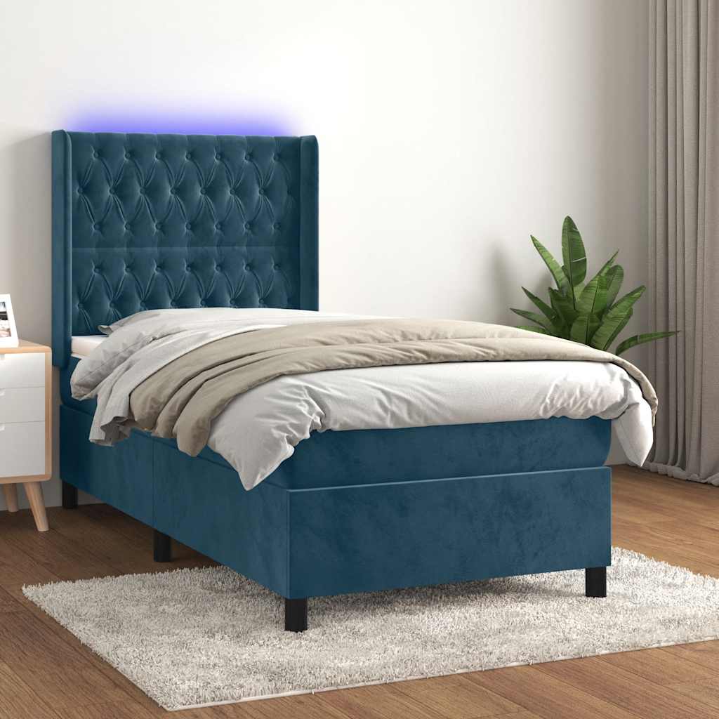 Krevet box spring s madracem LED tamnoplavi 80 x 200 cm baršun