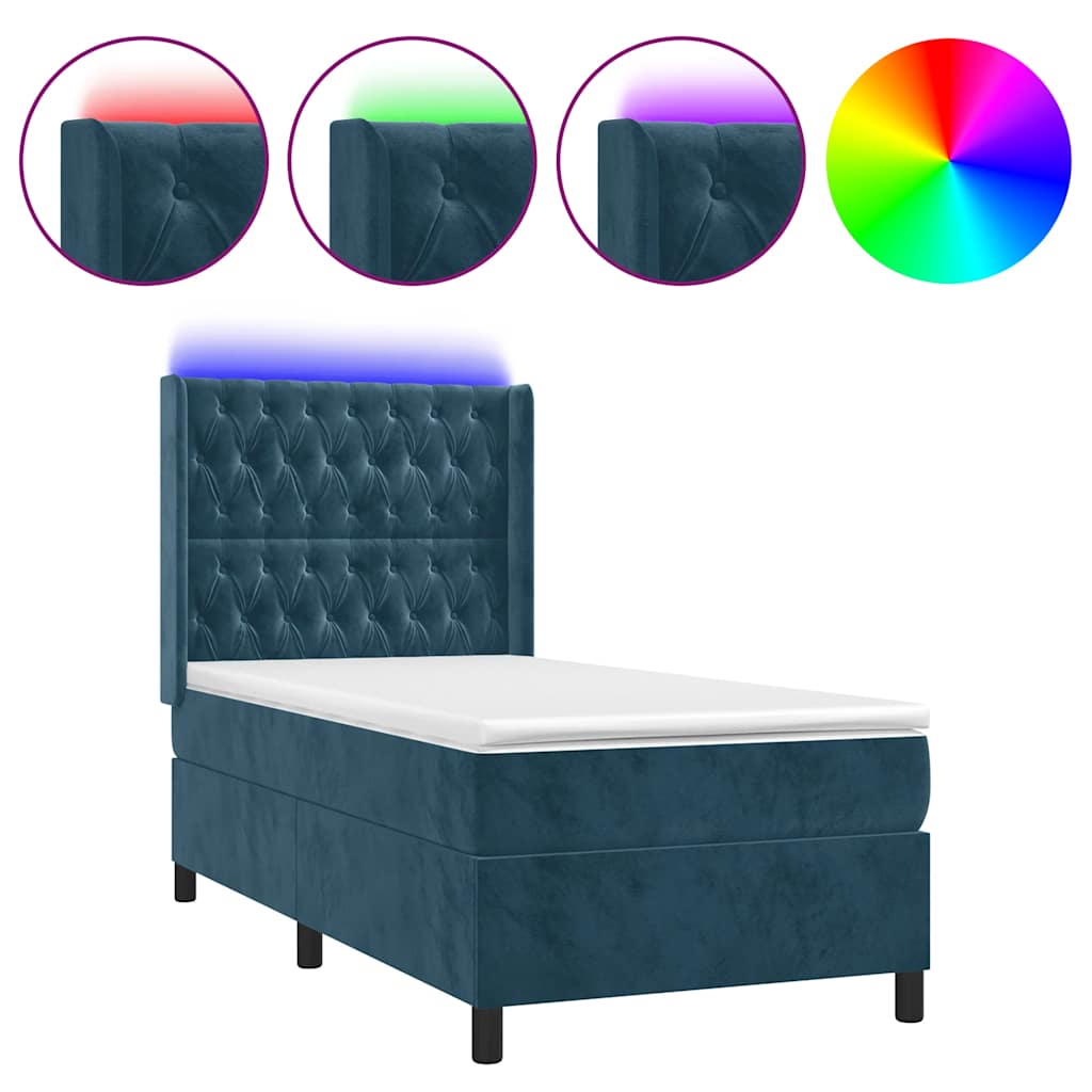 Krevet box spring s madracem LED tamnoplavi 90x190 cm baršun