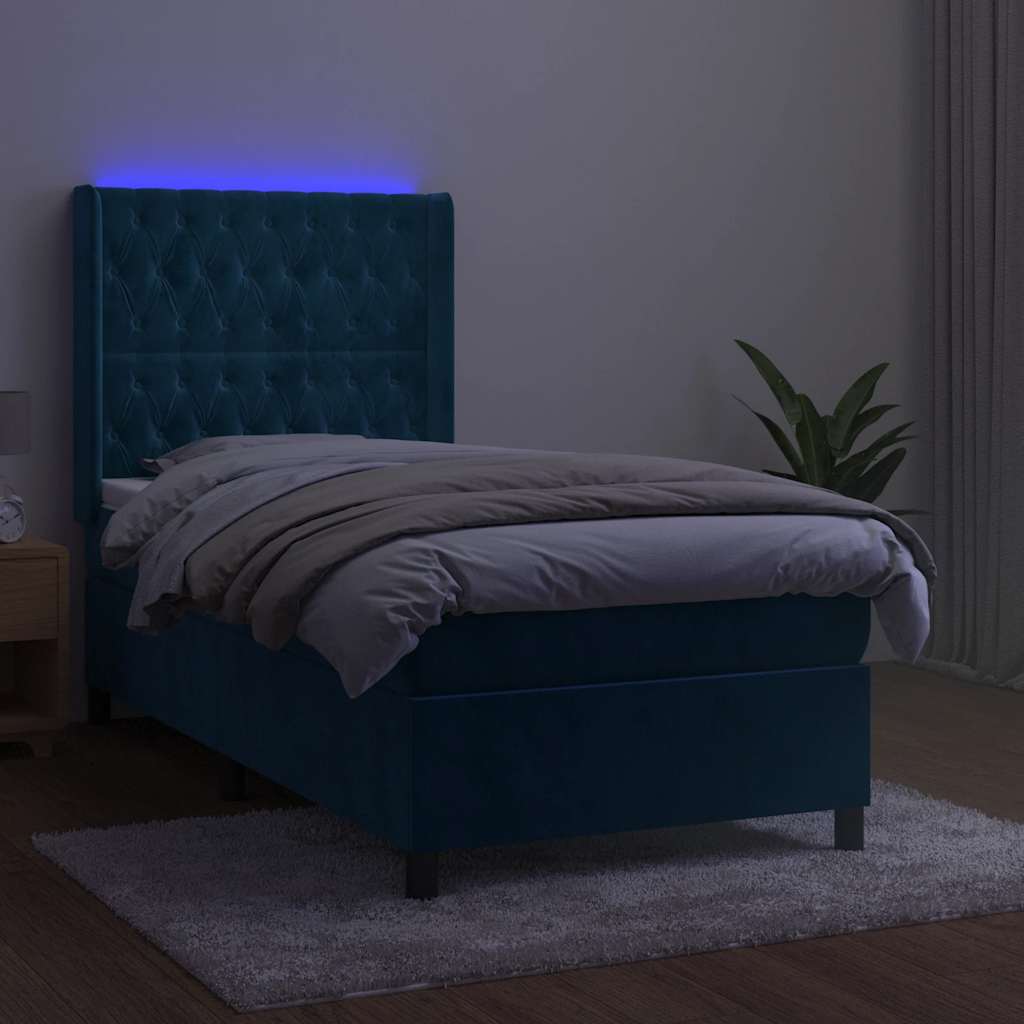 Krevet box spring s madracem LED tamnoplavi 90x190 cm baršun