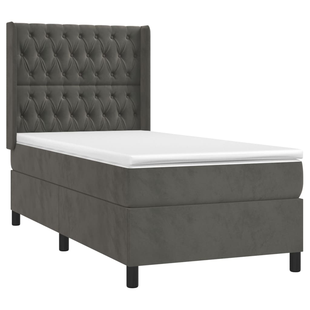 Krevet box spring s madracem LED tamnosivi 90x200 cm baršun