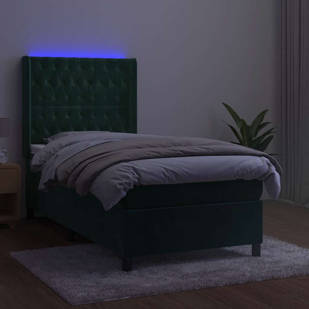 Krevet box spring s madracem LED tamnozeleni 100x200 cm baršun