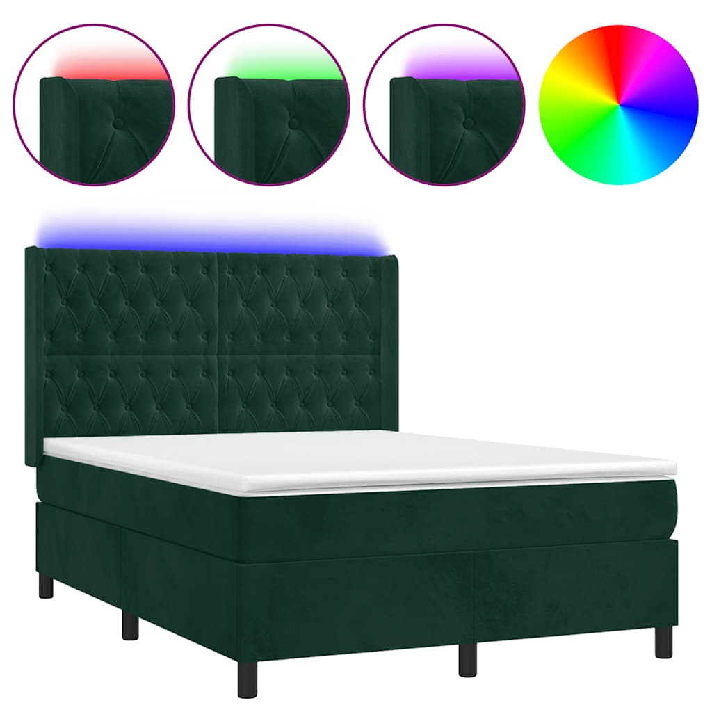 Krevet box spring s madracem LED tamnozeleni 140x190 cm baršun