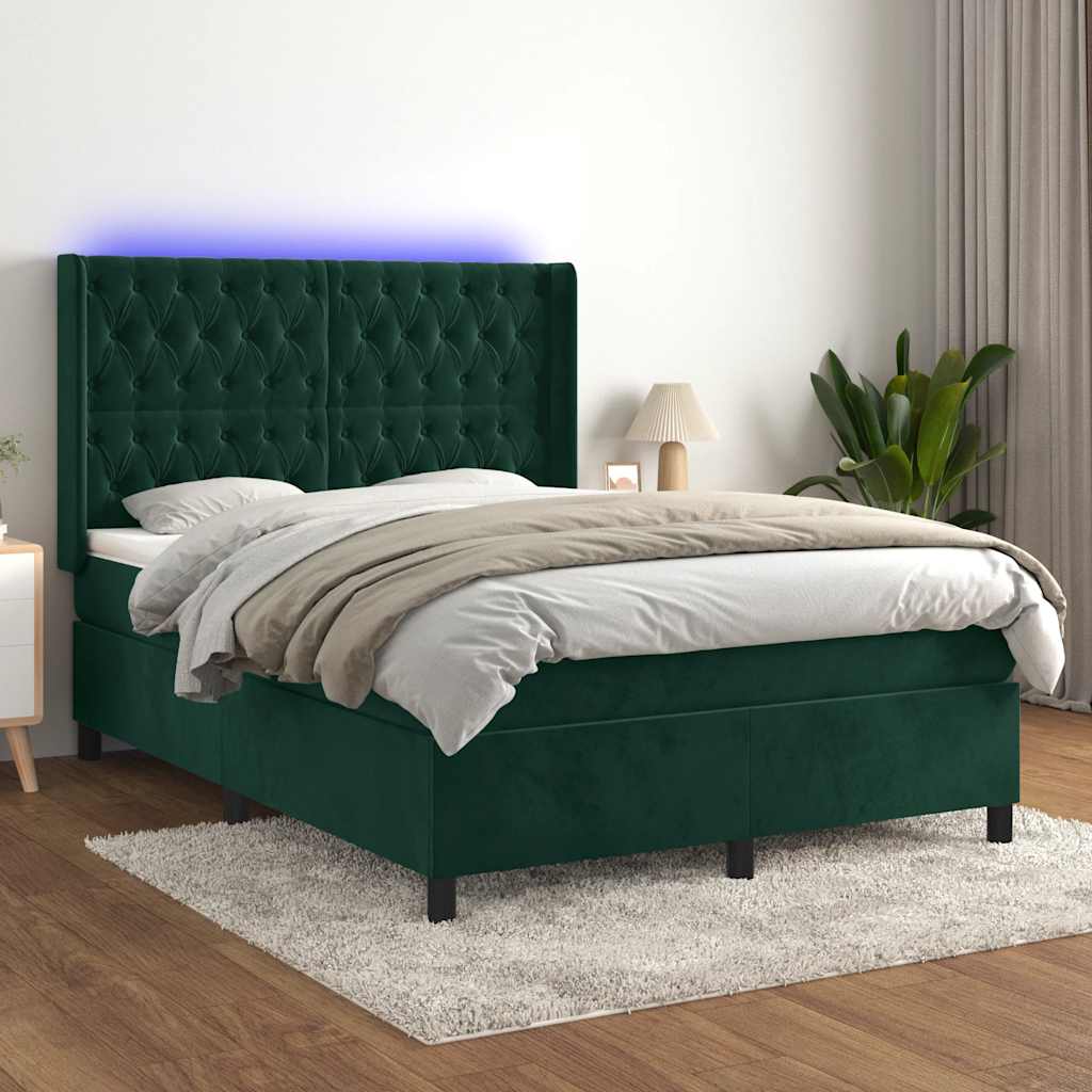 Krevet box spring s madracem LED tamnozeleni 140x190 cm baršun
