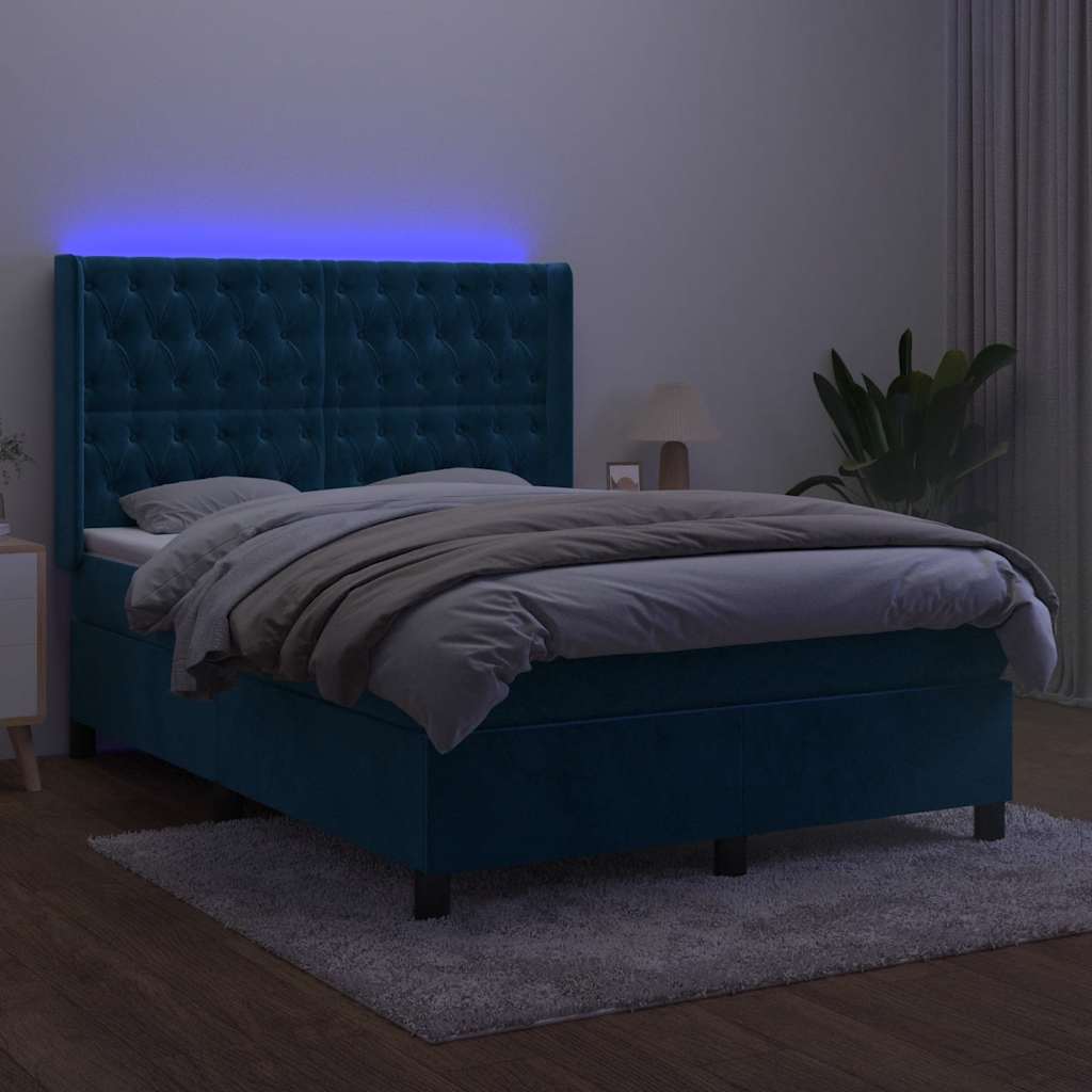 Krevet box spring s madracem LED tamnoplavi 140x190 cm baršun