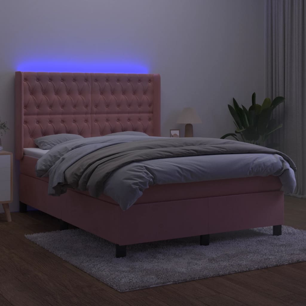 Krevet box spring s madracem LED ružičasti 140x190cm baršunasti