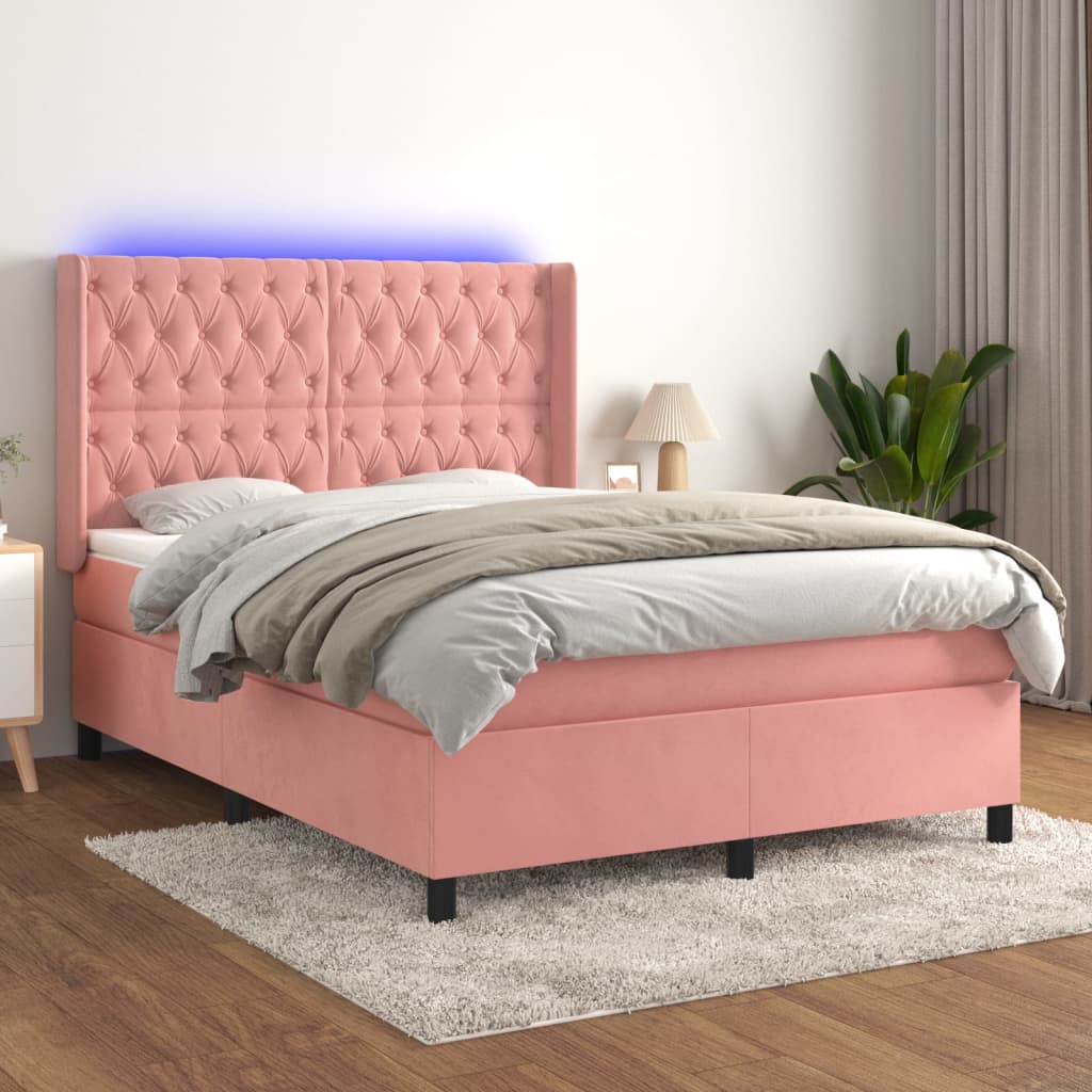 Krevet box spring s madracem LED ružičasti 140x190cm baršunasti