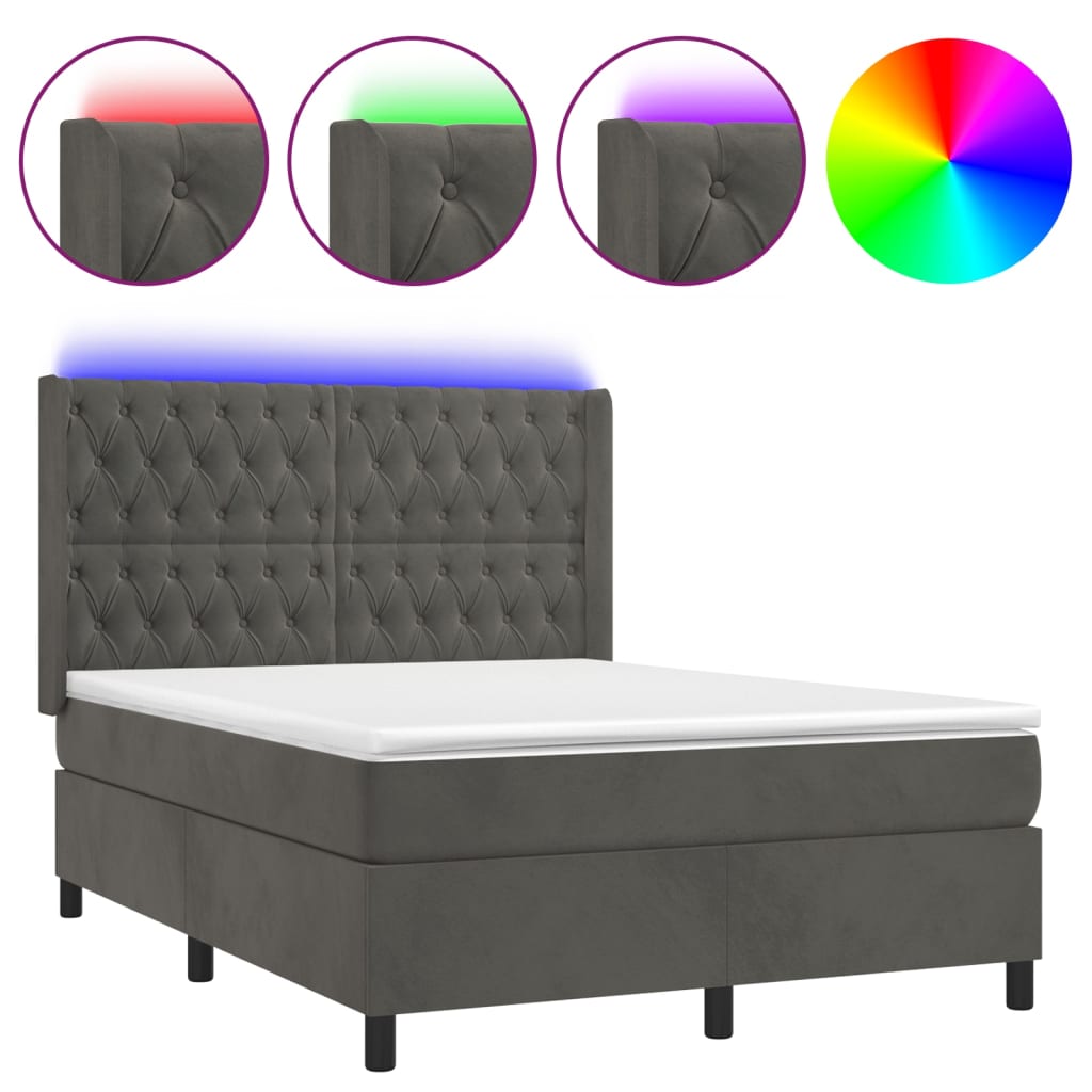 Krevet box spring s madracem LED tamnosivi 140x200 cm baršun