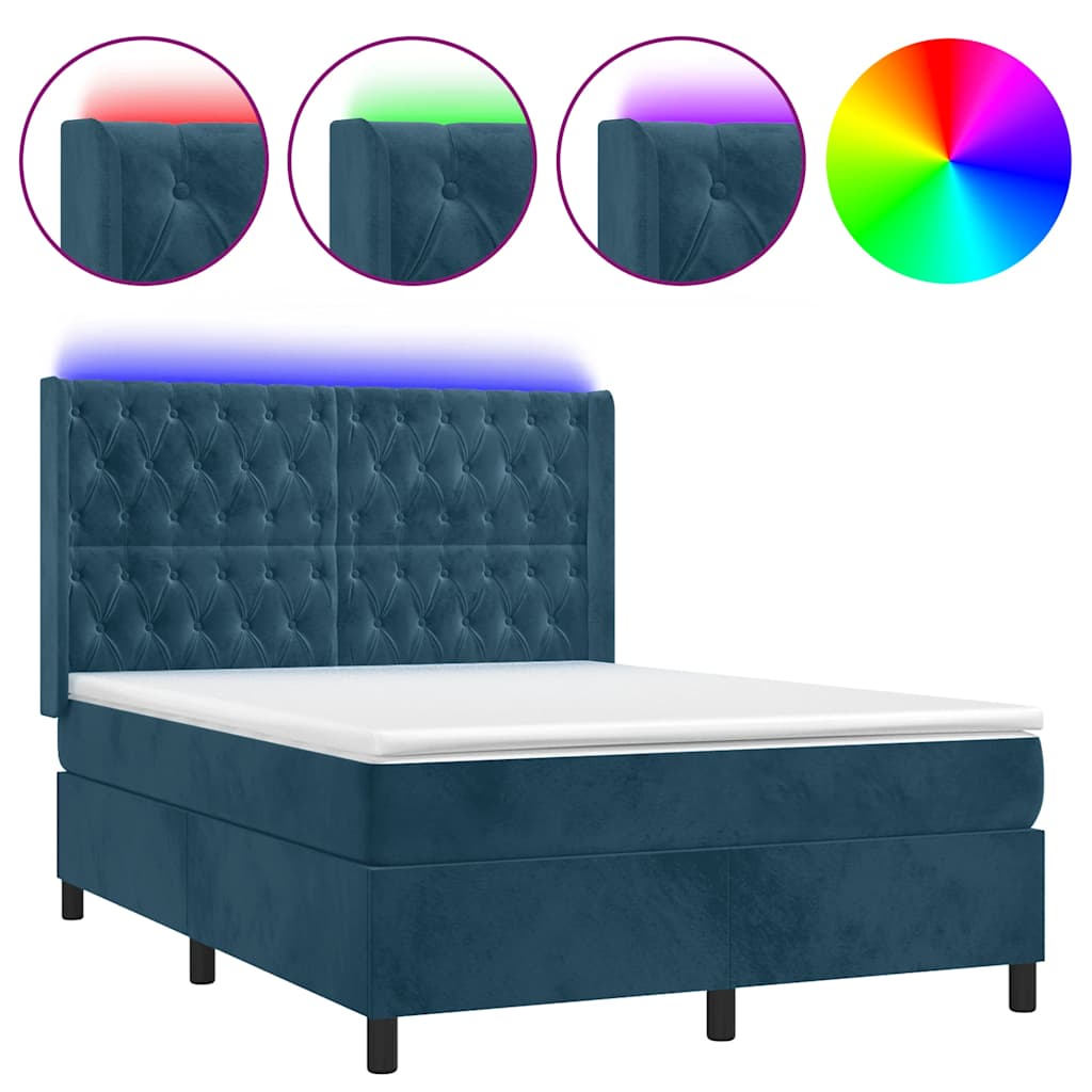 Krevet box spring s madracem LED tamnoplavi 140x200 cm baršun