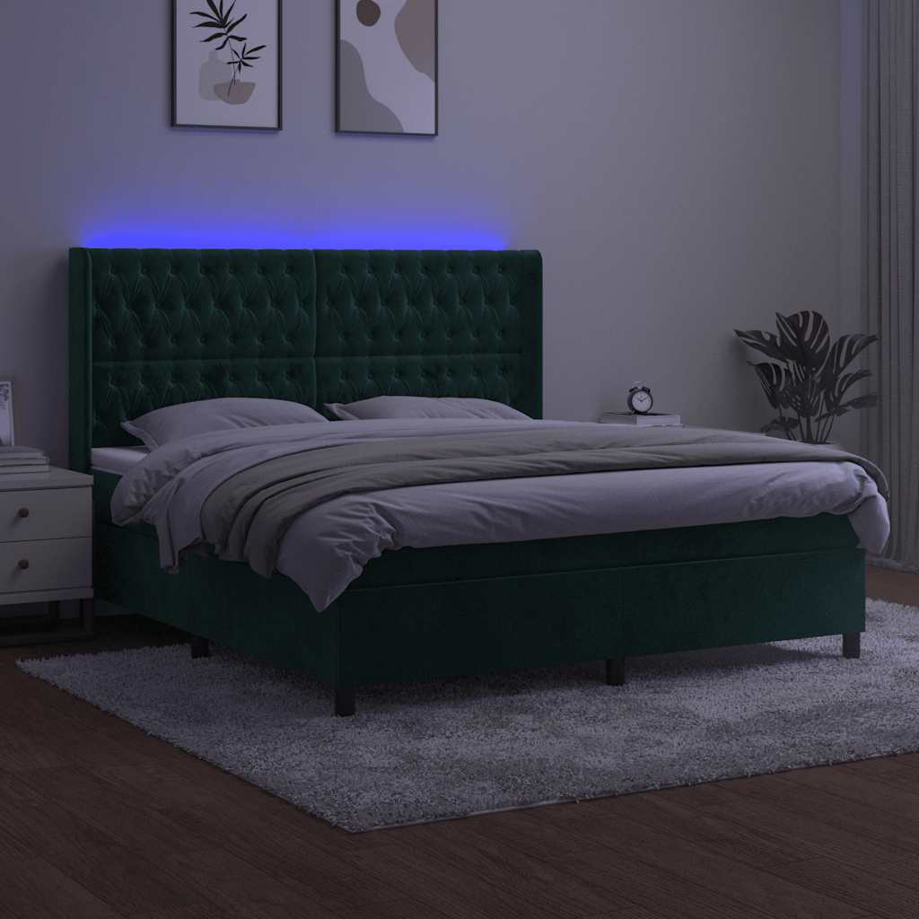 Krevet box spring s madracem LED tamnozeleni 160x200 cm baršun