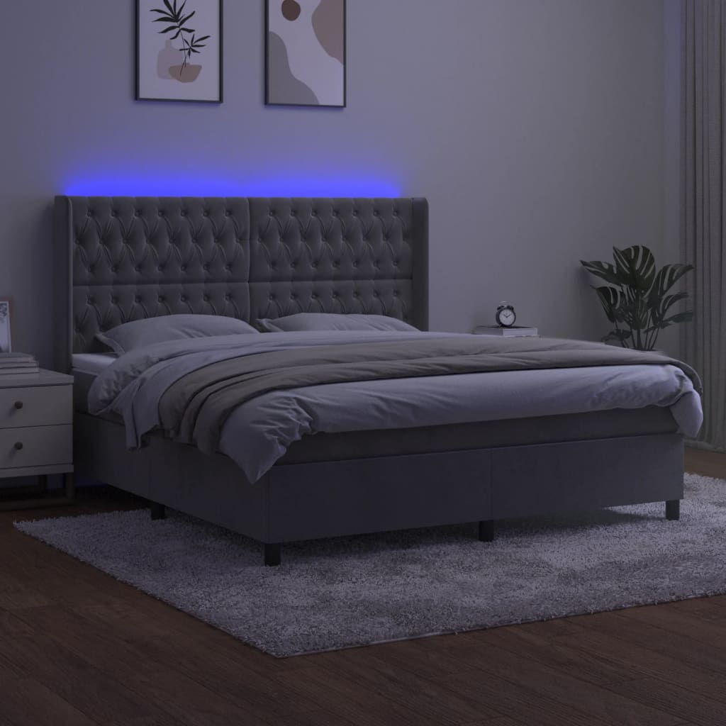 Krevet box spring s madracem LED svjetlosivi 180x200 cm baršun