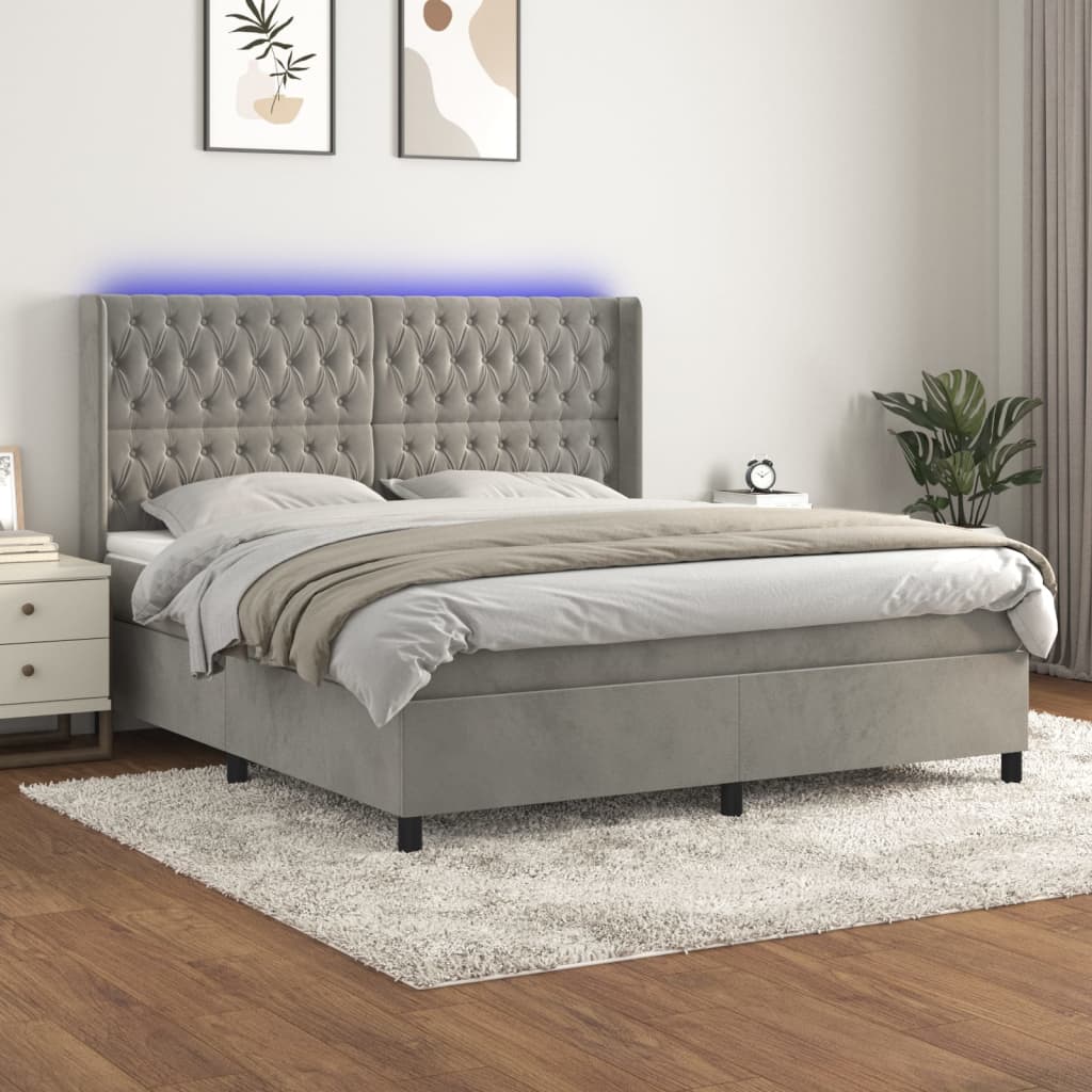 Krevet box spring s madracem LED svjetlosivi 180x200 cm baršun