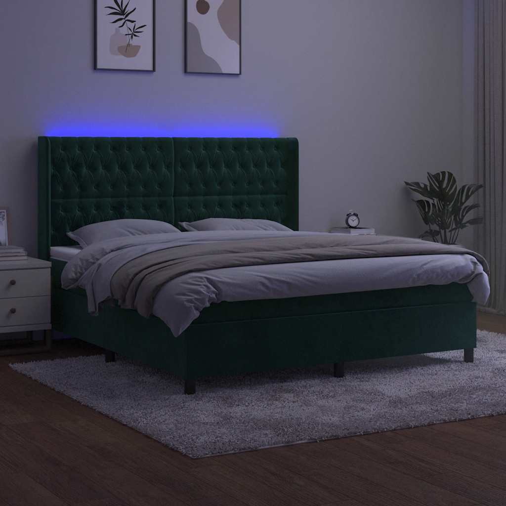 Krevet box spring s madracem LED tamnozeleni 180x200 cm baršun