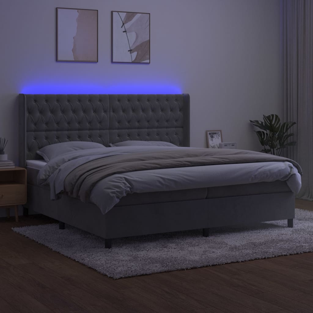 Krevet box spring s madracem LED svjetlosivi 200x200 cm baršun