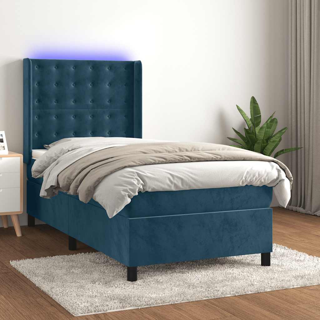 Krevet box spring s madracem LED tamnoplavi 90x190 cm baršun